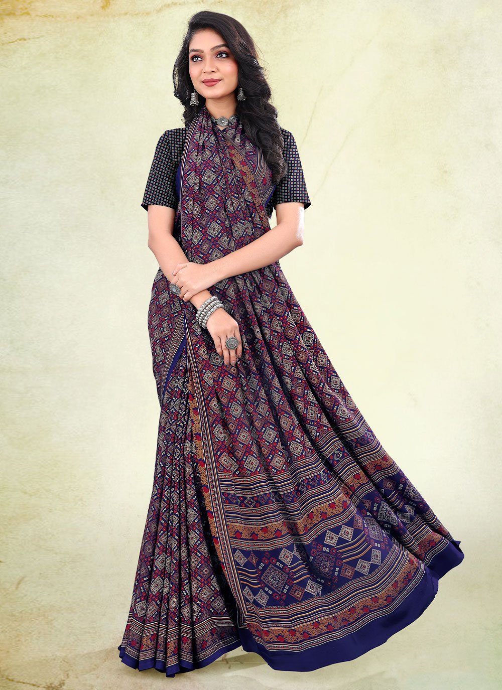 Contemporary Faux Crepe Multi Colour Print Saree