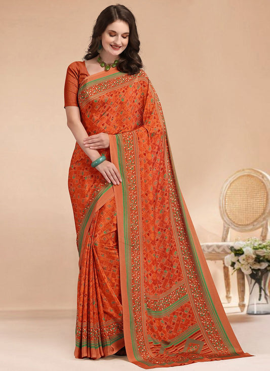 Contemporary Faux Crepe Orange Print Saree