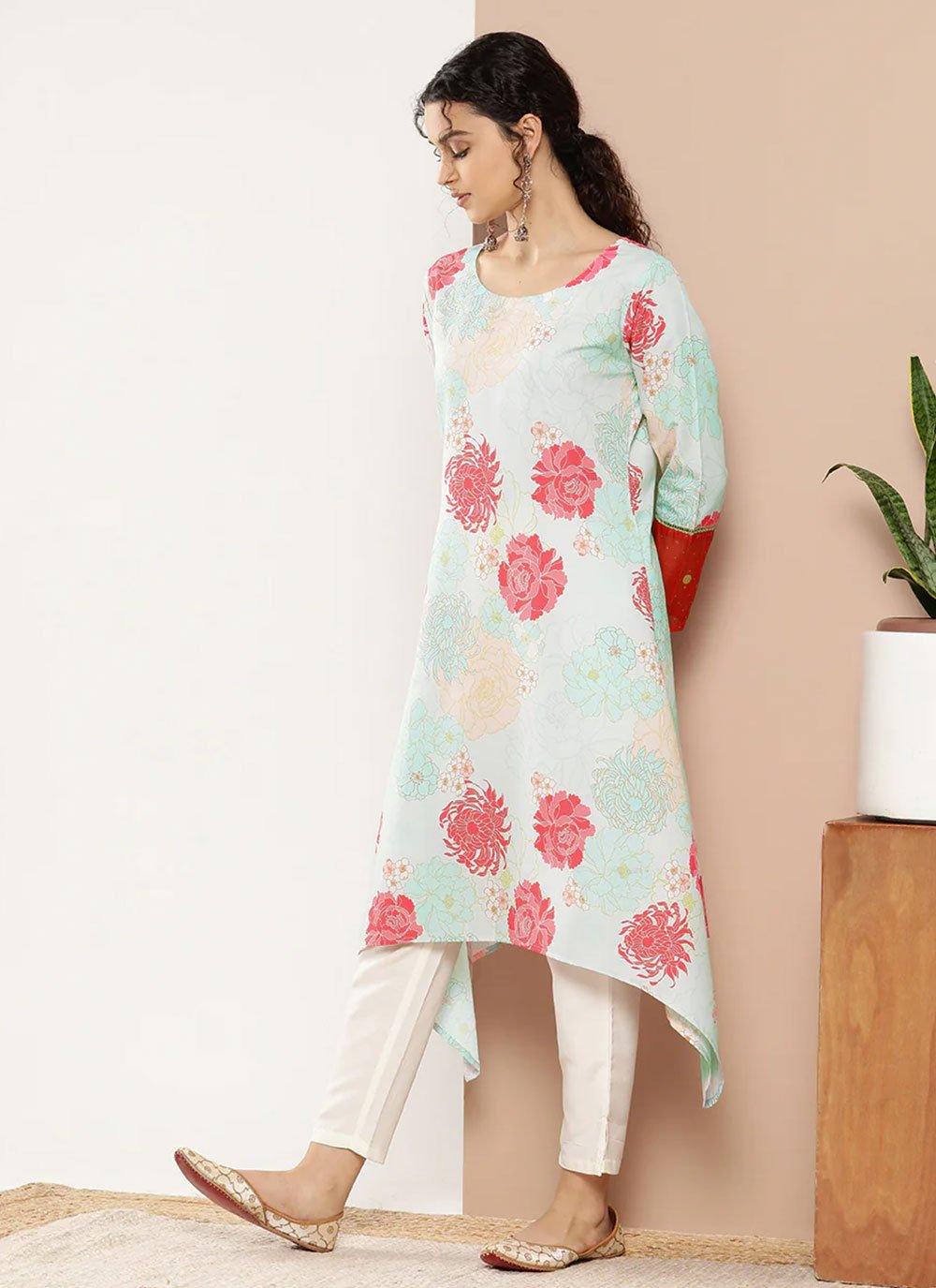 Designer Kurti Faux Crepe Sea Green Print Kurtis