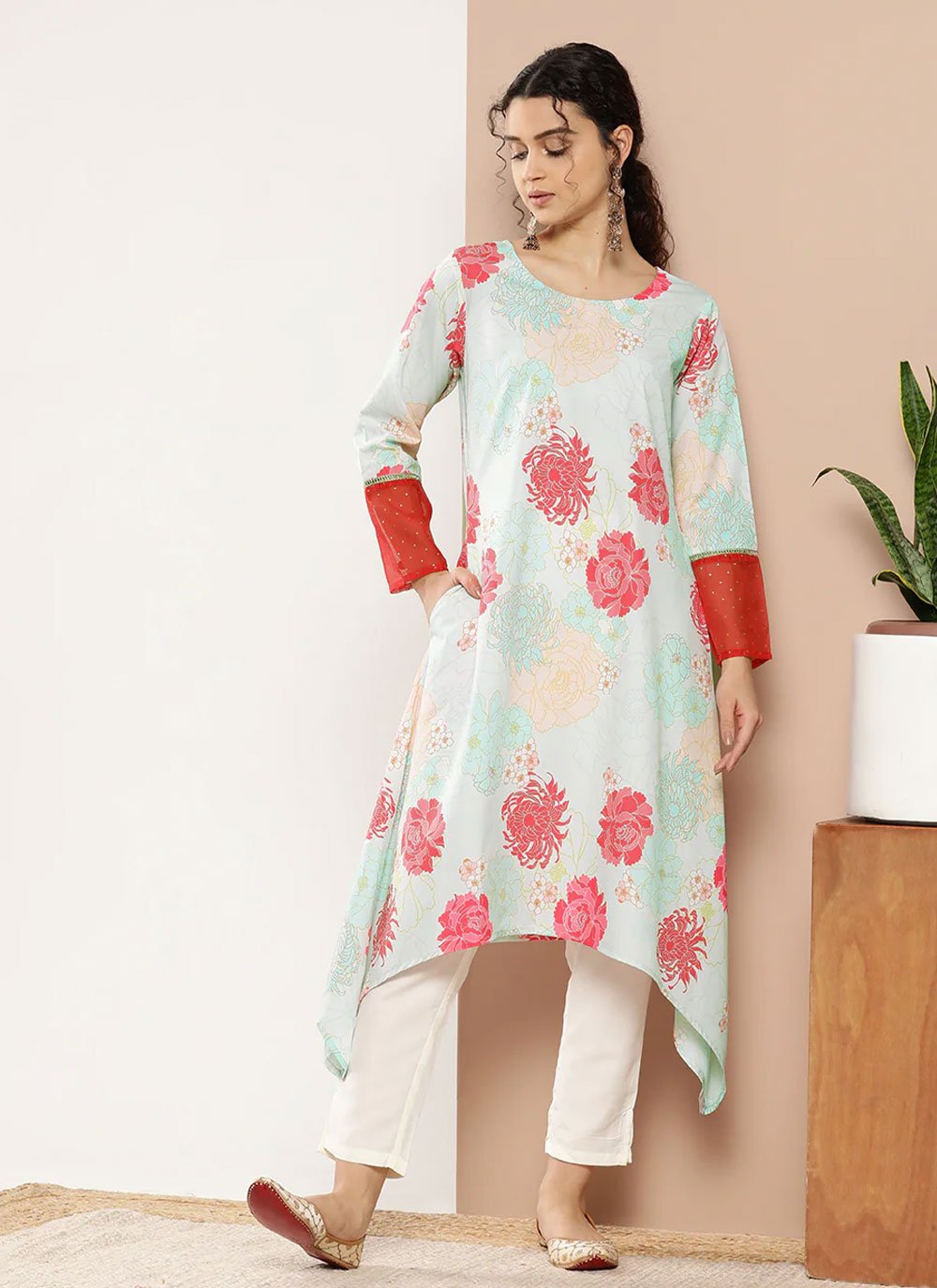 Designer Kurti Faux Crepe Sea Green Print Kurtis