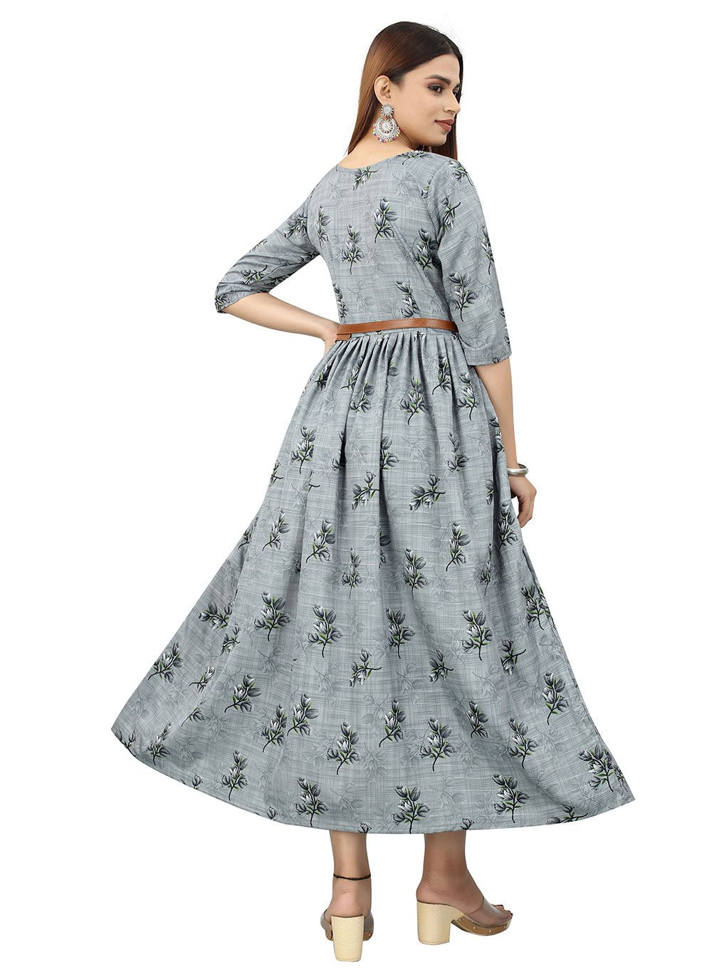 Gown Faux Crepe Grey Print Gown