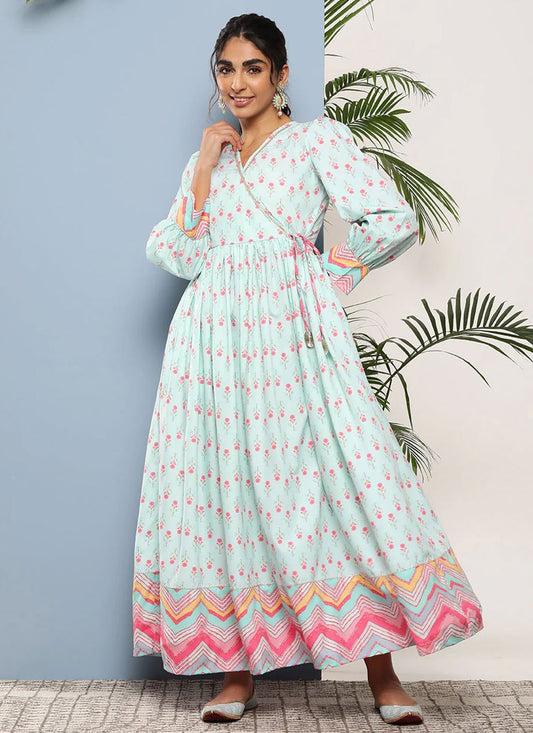 Gown Faux Crepe Aqua Blue Print Gown