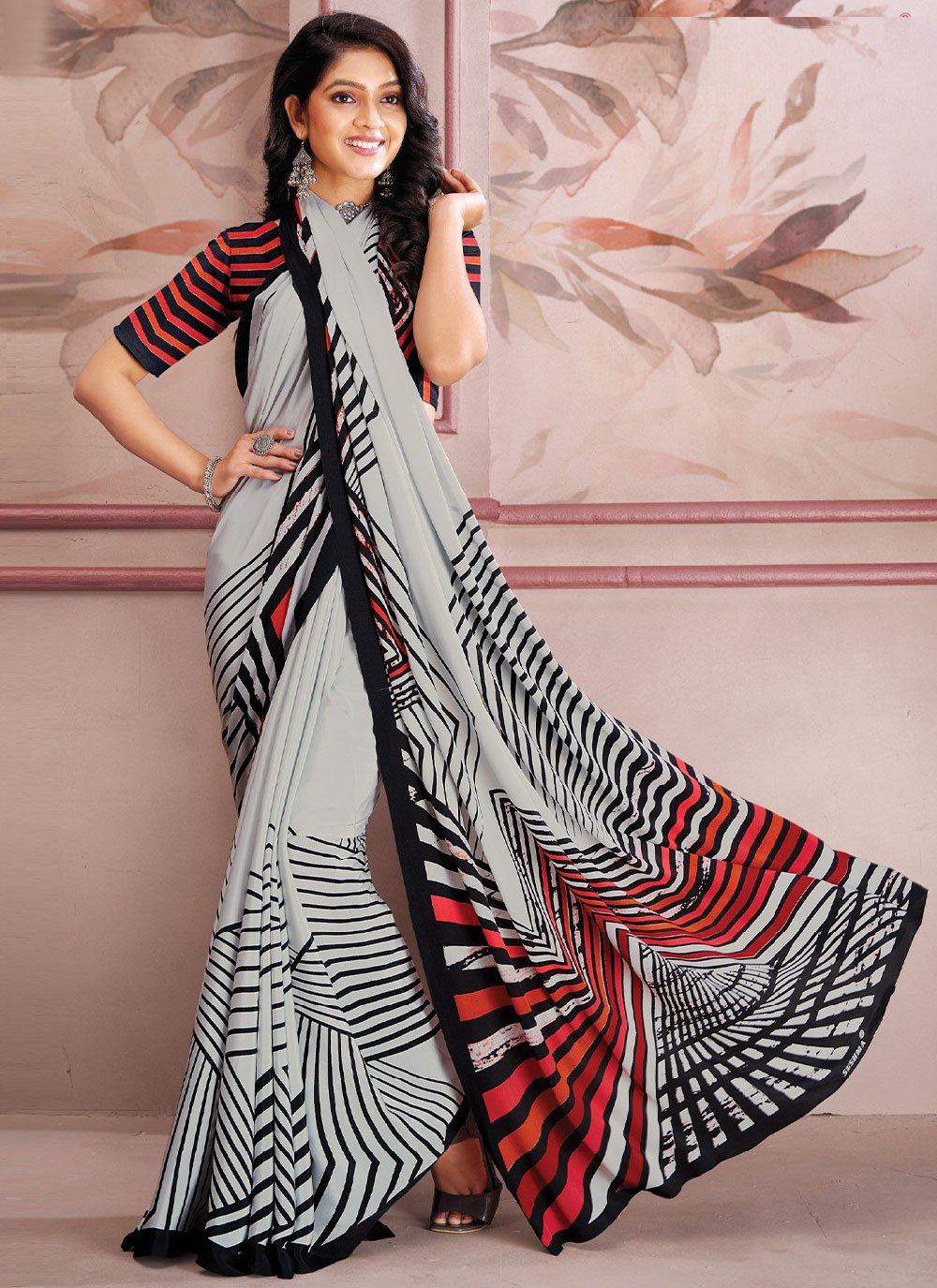 Contemporary Faux Crepe Grey Print Saree