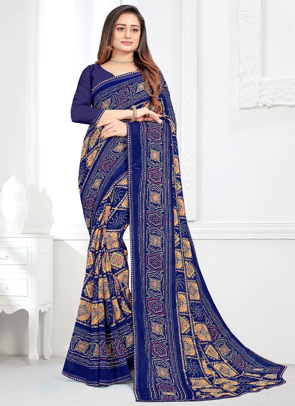 Contemporary Faux Crepe Blue Bandhej Saree