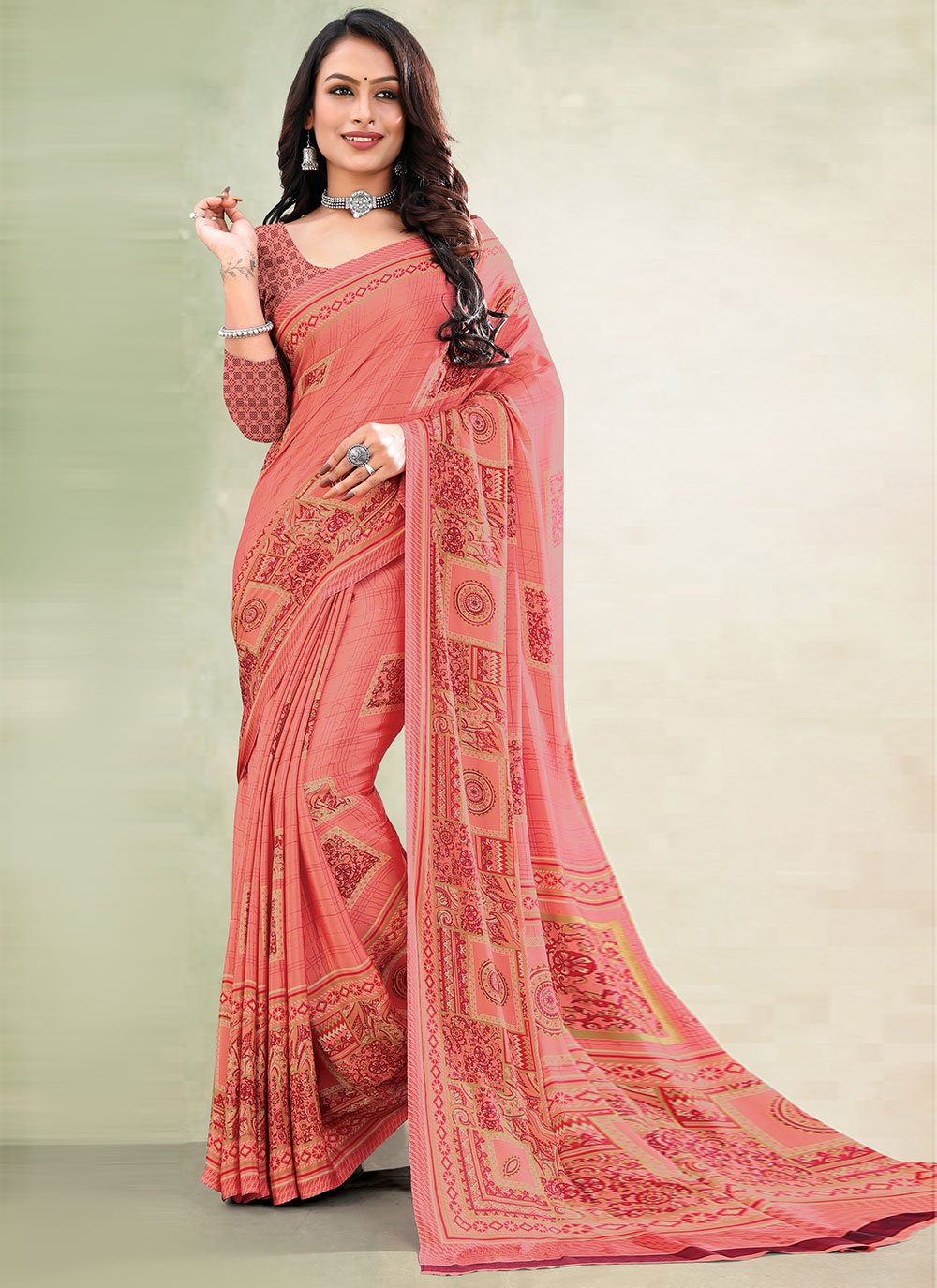 Classic Faux Crepe Peach Print Saree