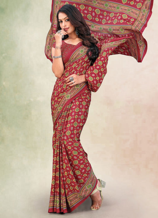 Classic Faux Crepe Red Print Saree