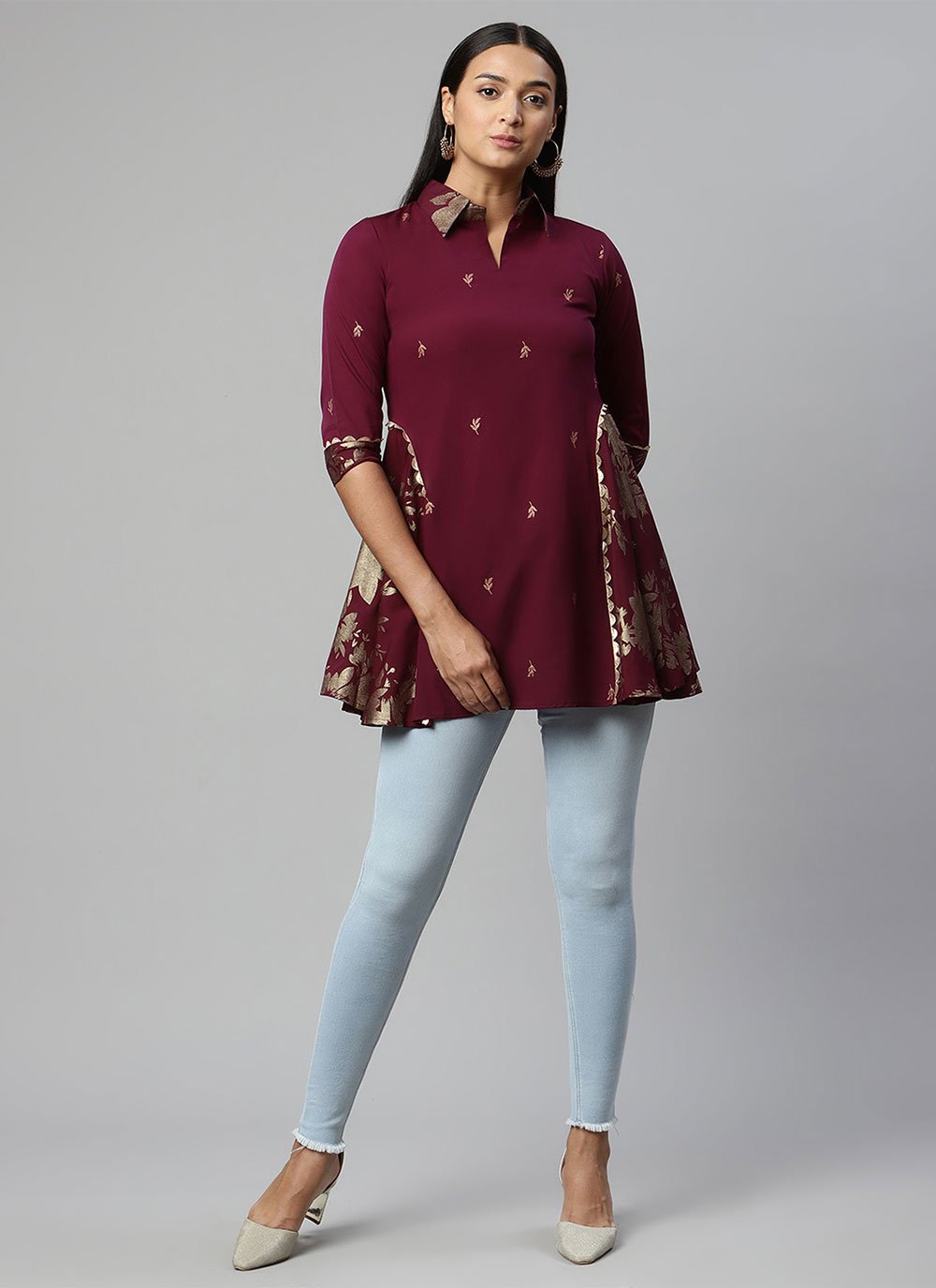 Designer Kurti Faux Crepe Wine Print Kurtis