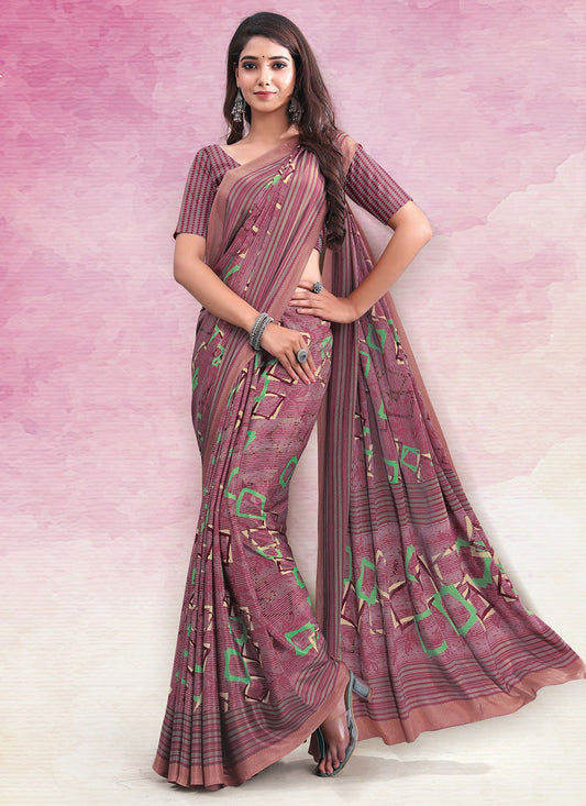 Casual Faux Crepe Purple Print Saree