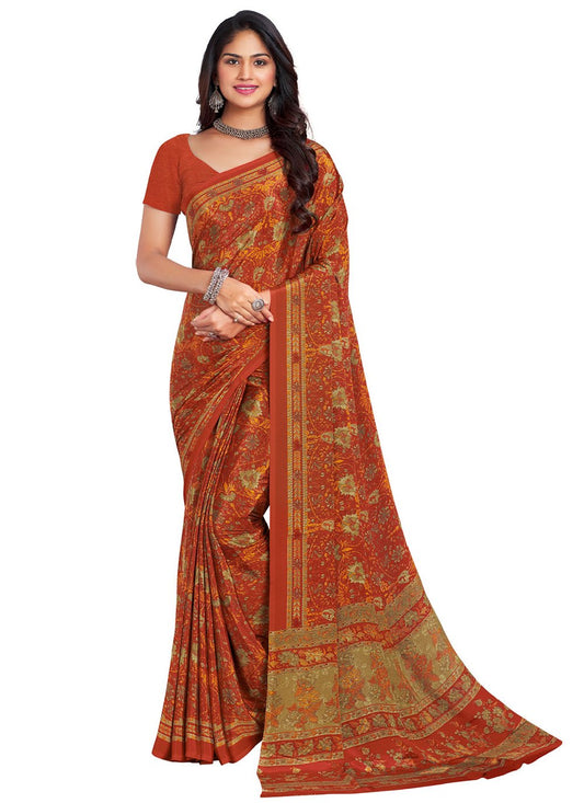 Contemporary Faux Crepe Rust Print Saree