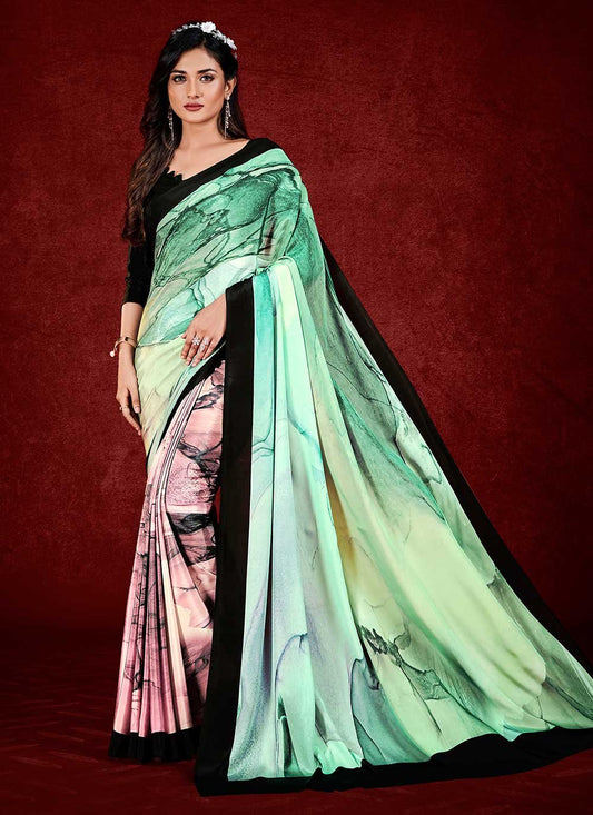 Classic Faux Crepe Multi Colour Print Saree