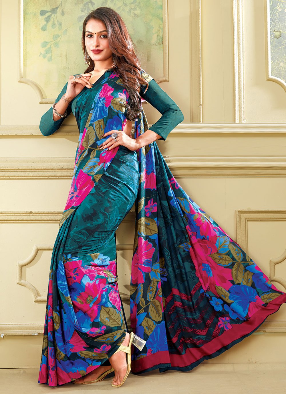 Classic Faux Crepe Multi Colour Print Saree