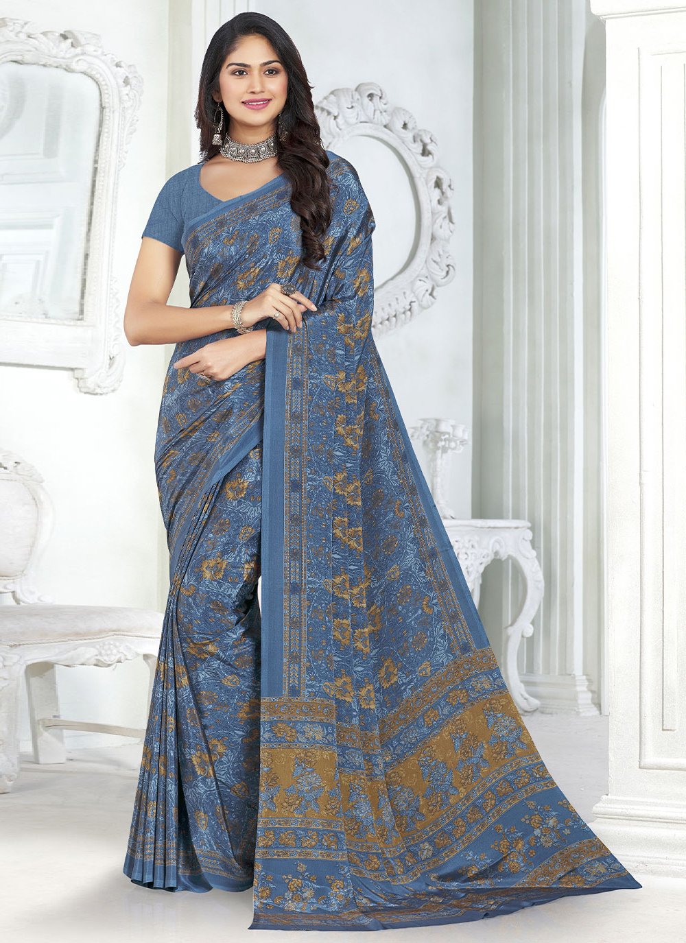 Classic Faux Crepe Blue Print Saree