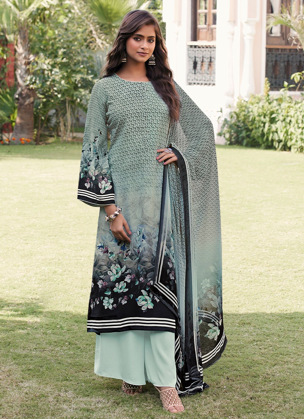 Salwar Suit Faux Crepe Sea Green Digital Print Salwar Kameez