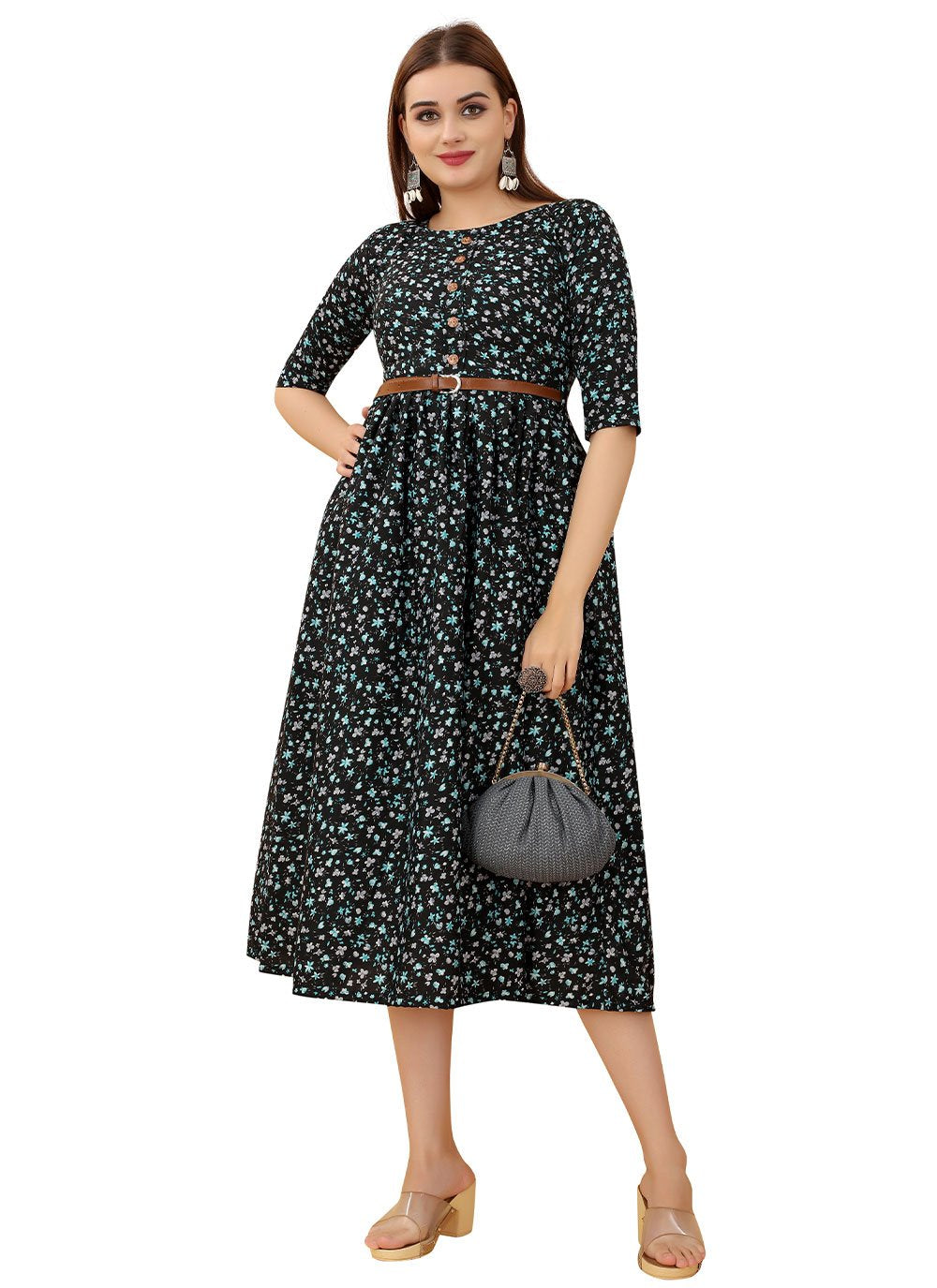 Gown Faux Crepe Black Print Gown