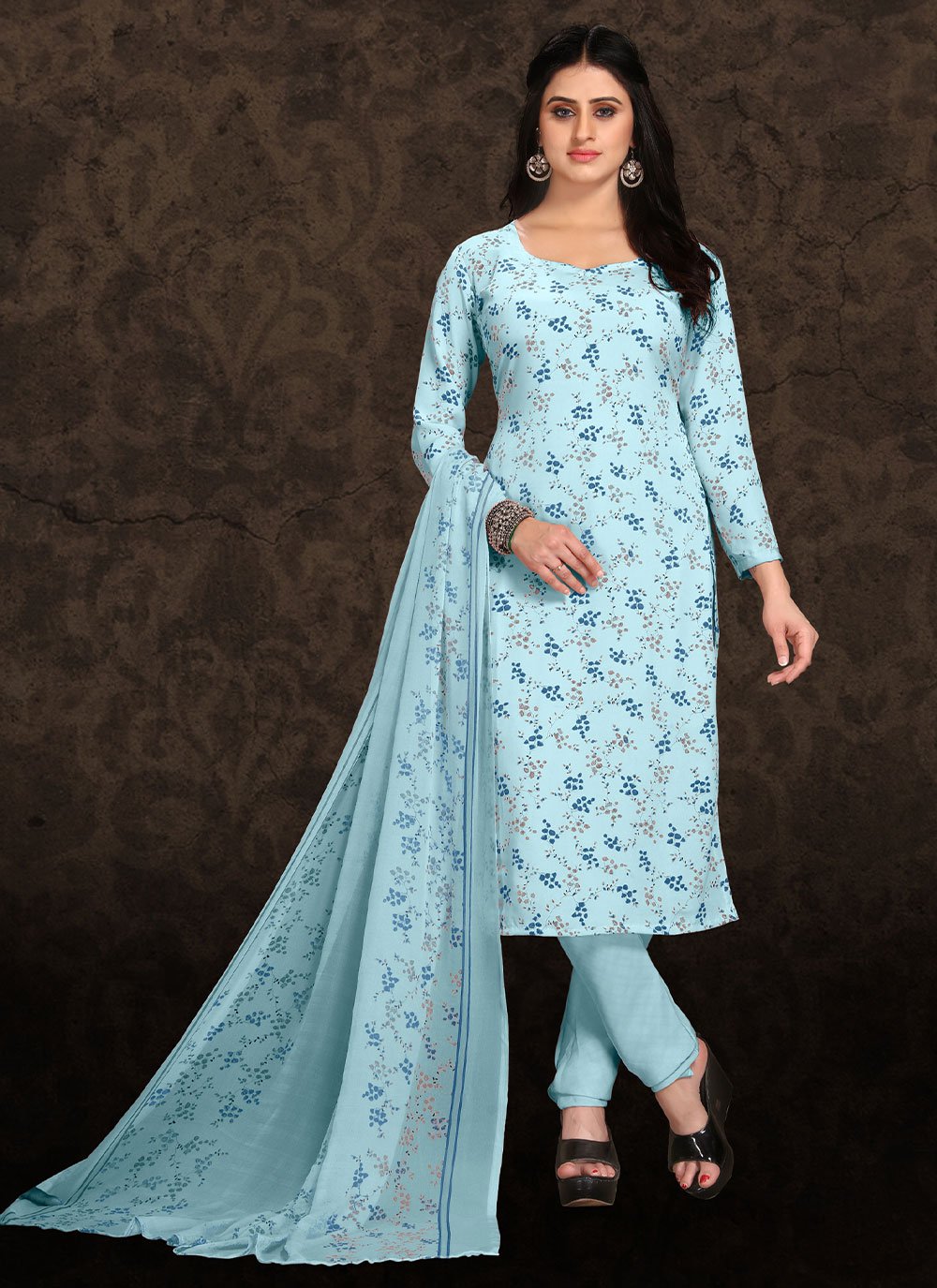 Trendy Suit Faux Crepe Aqua Blue Floral Patch Salwar Kameez