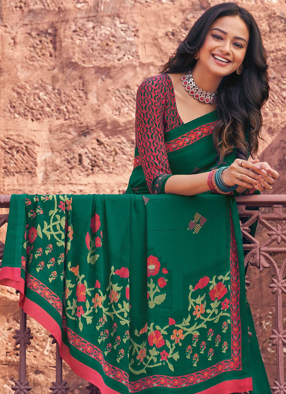 Trendy Saree Faux Crepe Green Print Saree