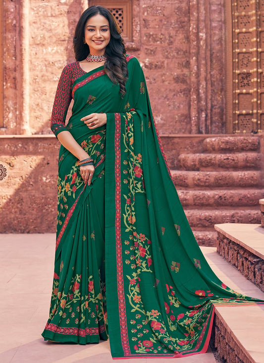 Trendy Saree Faux Crepe Green Print Saree