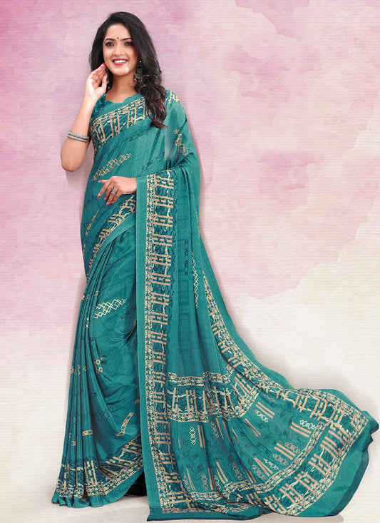 Trendy Saree Faux Crepe Turquoise Print Saree