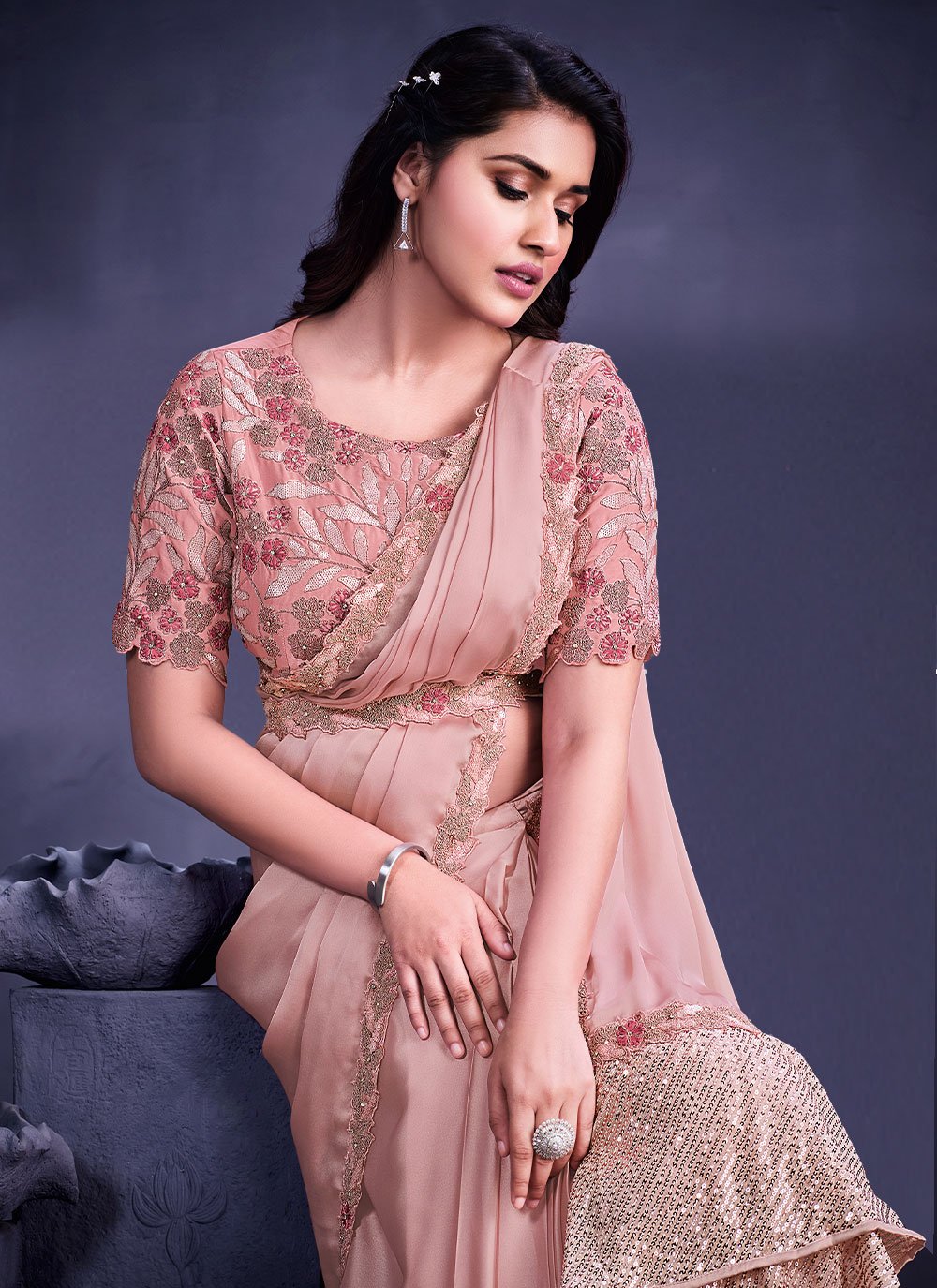 Trendy Saree Faux Crepe Georgette Pink Embroidered Saree