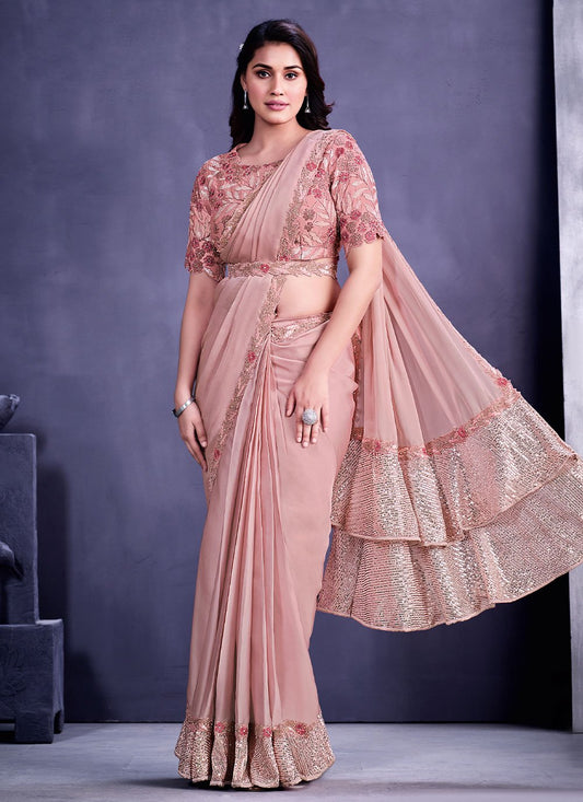 Trendy Saree Faux Crepe Georgette Pink Embroidered Saree