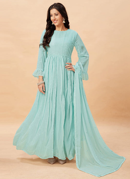 Floor Lenght Salwar Suit Faux Georgette Aqua Blue Crystals Salwar Kameez