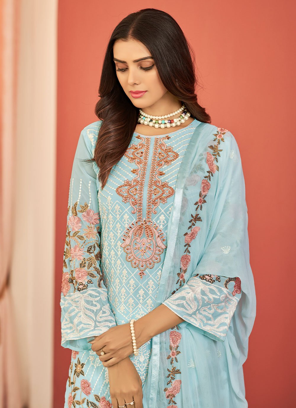 Salwar Suit Faux Georgette Aqua Blue Embroidered Salwar Kameez