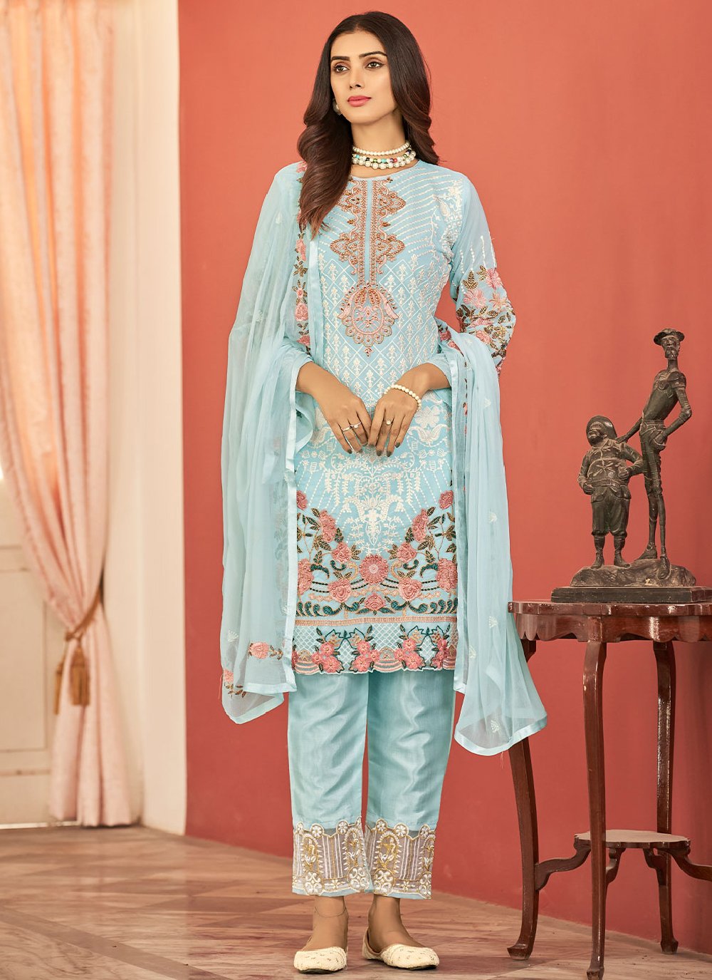 Salwar Suit Faux Georgette Aqua Blue Embroidered Salwar Kameez