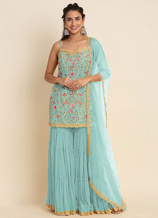 Salwar Suit Faux Georgette Aqua Blue Embroidered Salwar Kameez