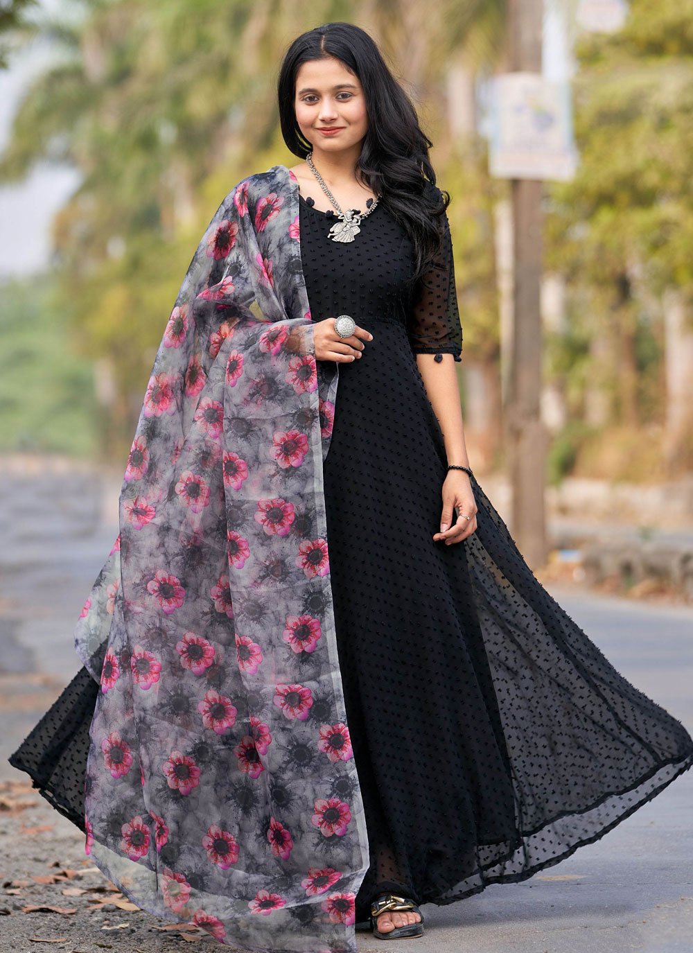 Gown Faux Georgette Black Booti Gown