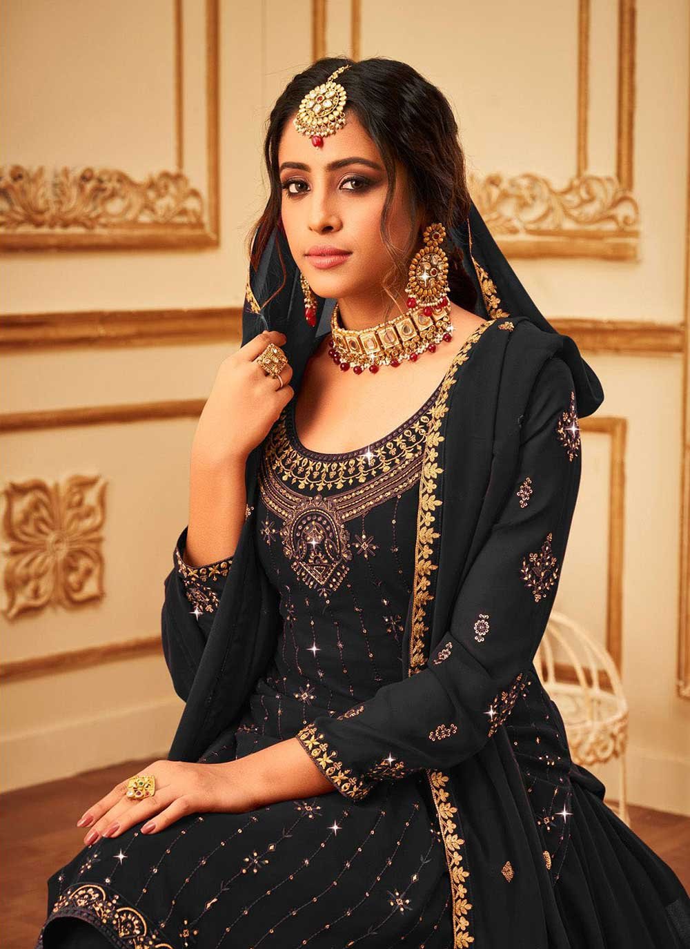 Sharara Set Faux Georgette Black Embroidered Salwar Kameez