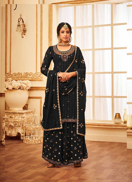 Sharara Set Faux Georgette Black Embroidered Salwar Kameez