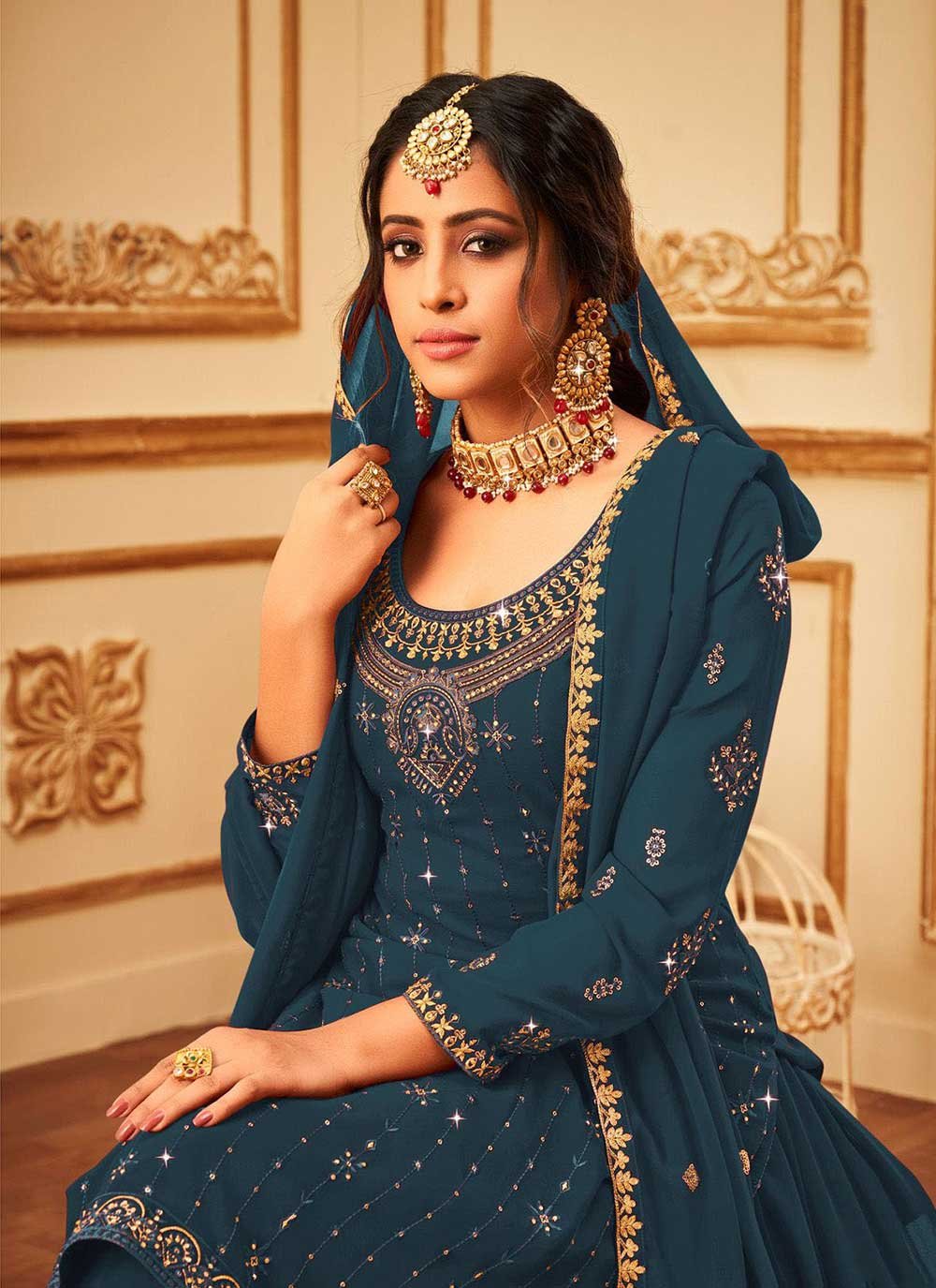 Sharara Set Faux Georgette Blue Embroidered Salwar Kameez