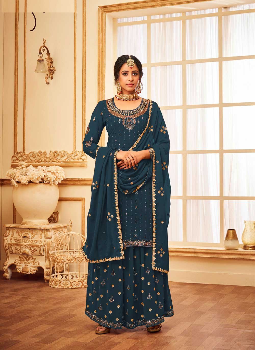 Sharara Set Faux Georgette Blue Embroidered Salwar Kameez