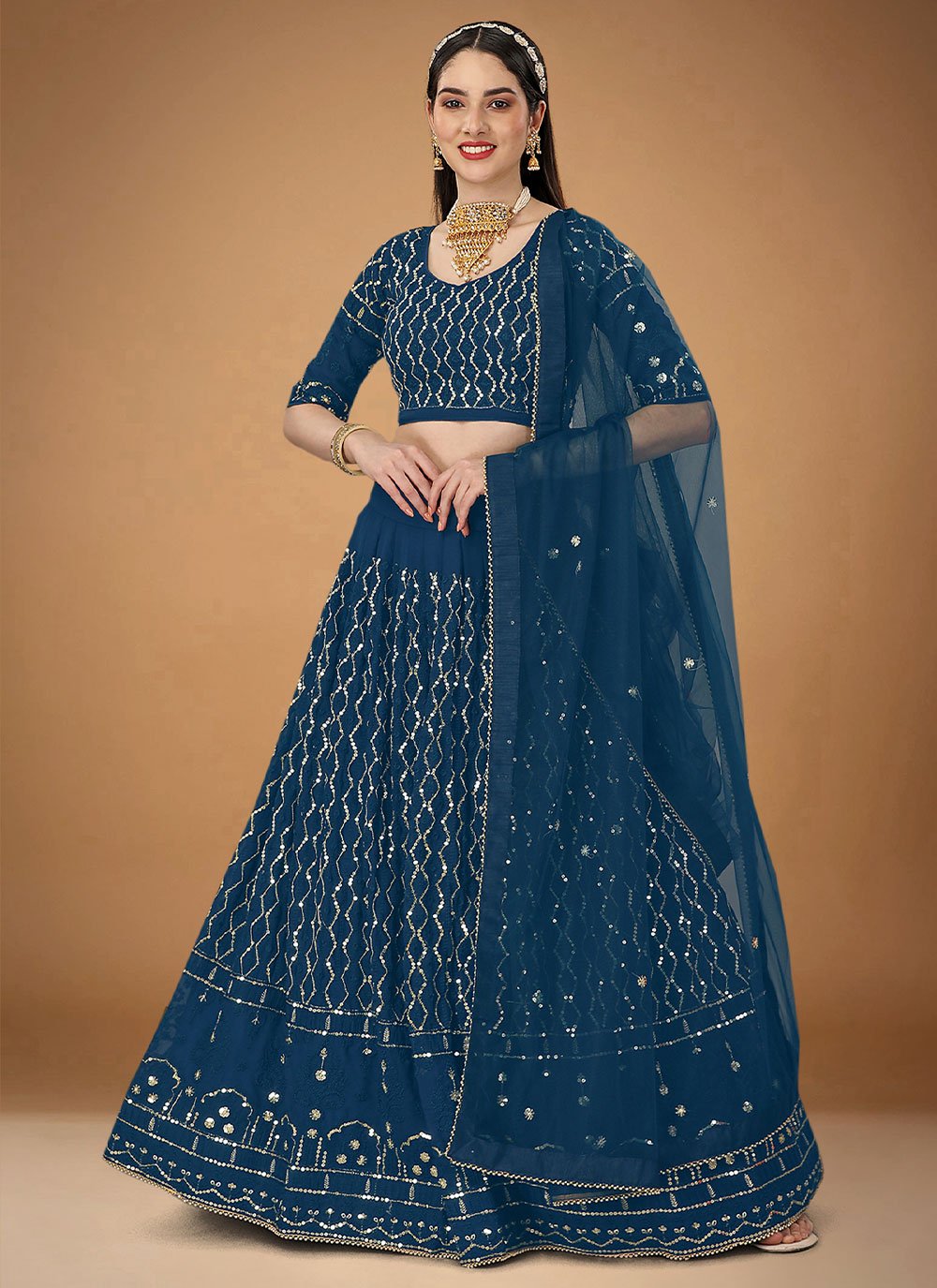 Lehenga Choli Faux Georgette Blue Embroidered Lehenga Choli