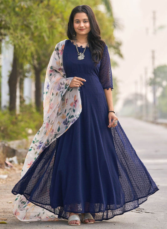 Gown Faux Georgette Blue Booti Gown