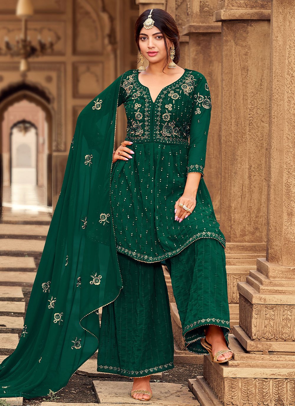 Salwar Suit Faux Georgette Green Embroidered Salwar Kameez