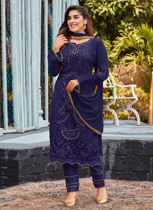 Salwar Suit Faux Georgette Blue Embroidered Salwar Kameez