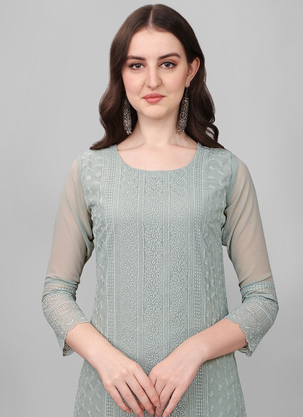 Casual Kurti Faux Georgette Grey Chikankari Work Kurtis