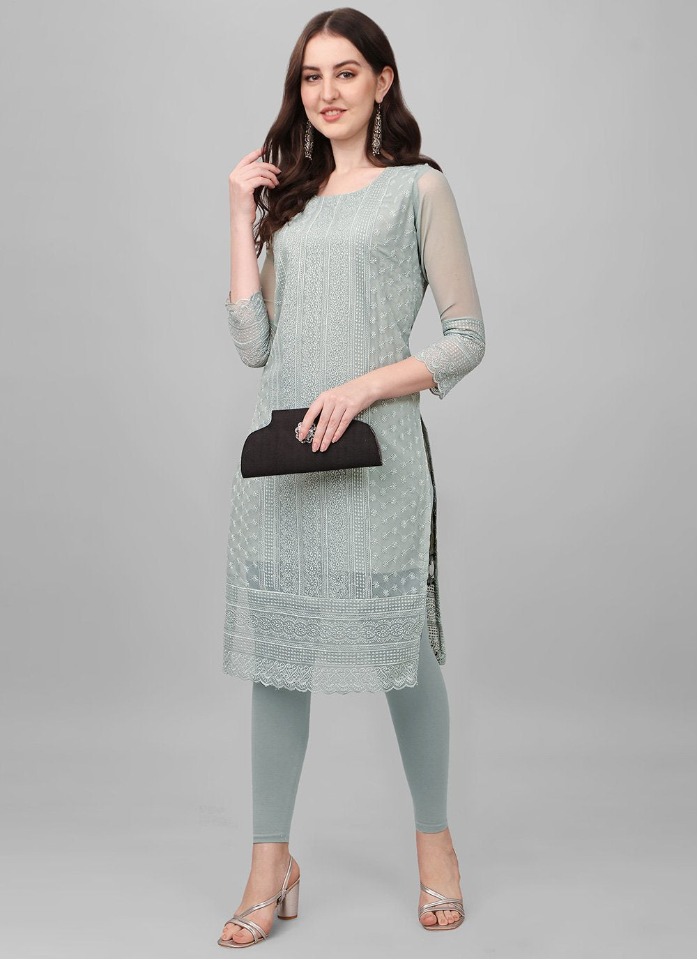 Casual Kurti Faux Georgette Grey Chikankari Work Kurtis