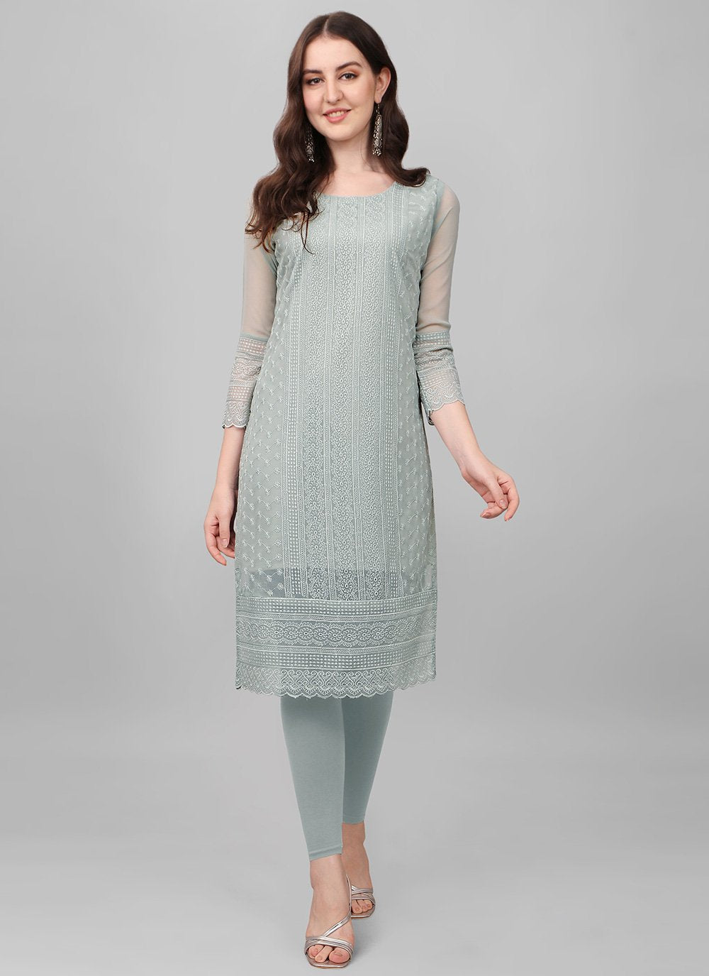 Casual Kurti Faux Georgette Grey Chikankari Work Kurtis