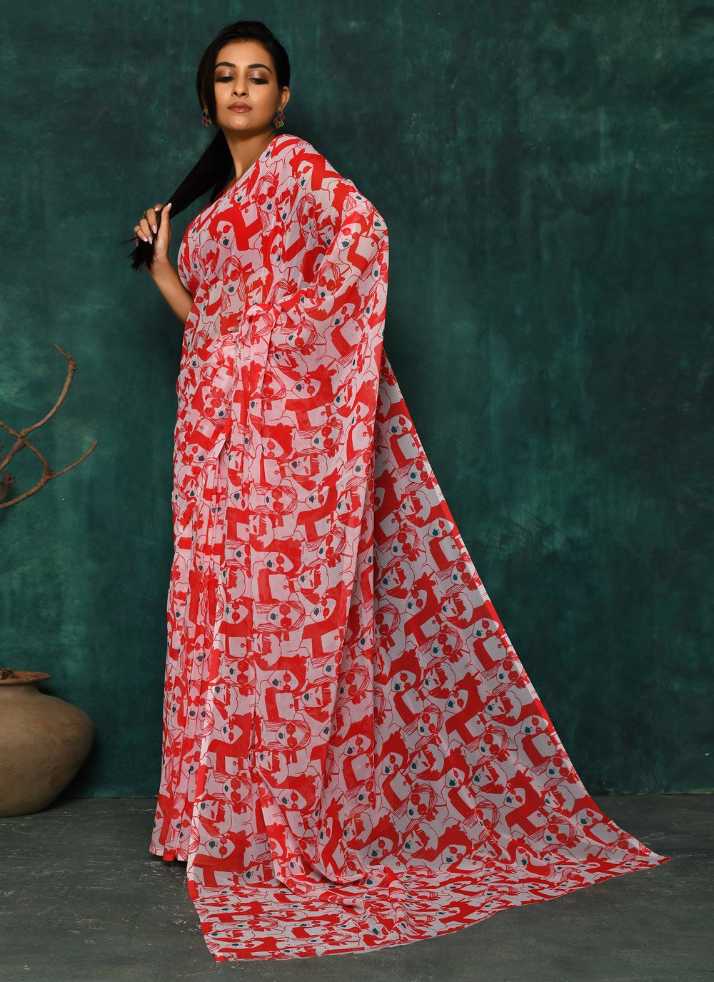 Designer Faux Georgette Red Digital Print Saree