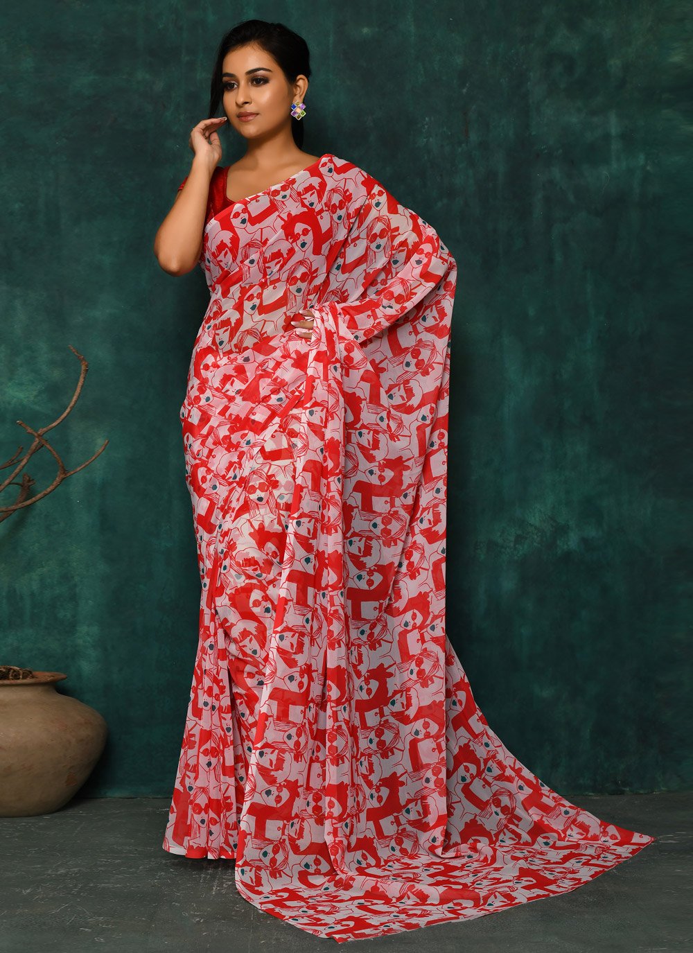 Designer Faux Georgette Red Digital Print Saree