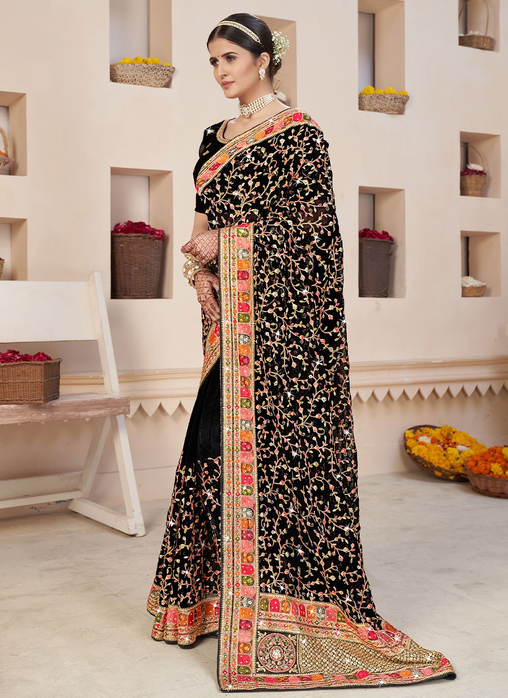 Contemporary Faux Georgette Black Embroidered Saree