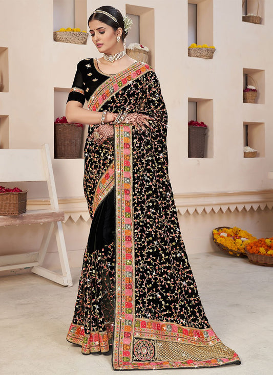 Contemporary Faux Georgette Black Embroidered Saree