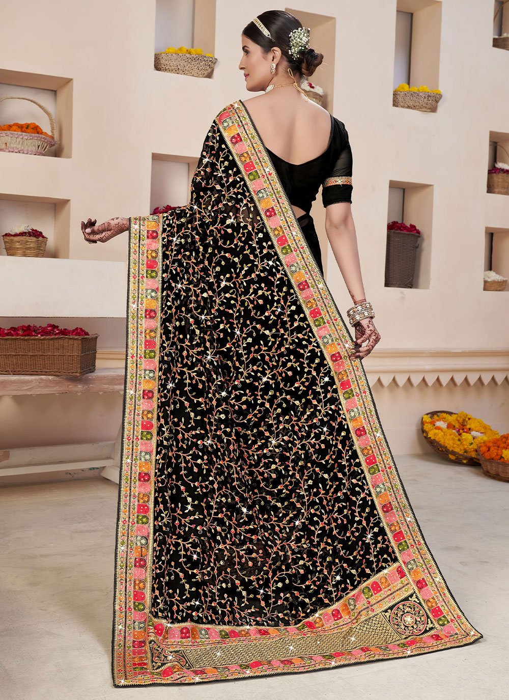 Contemporary Faux Georgette Black Embroidered Saree