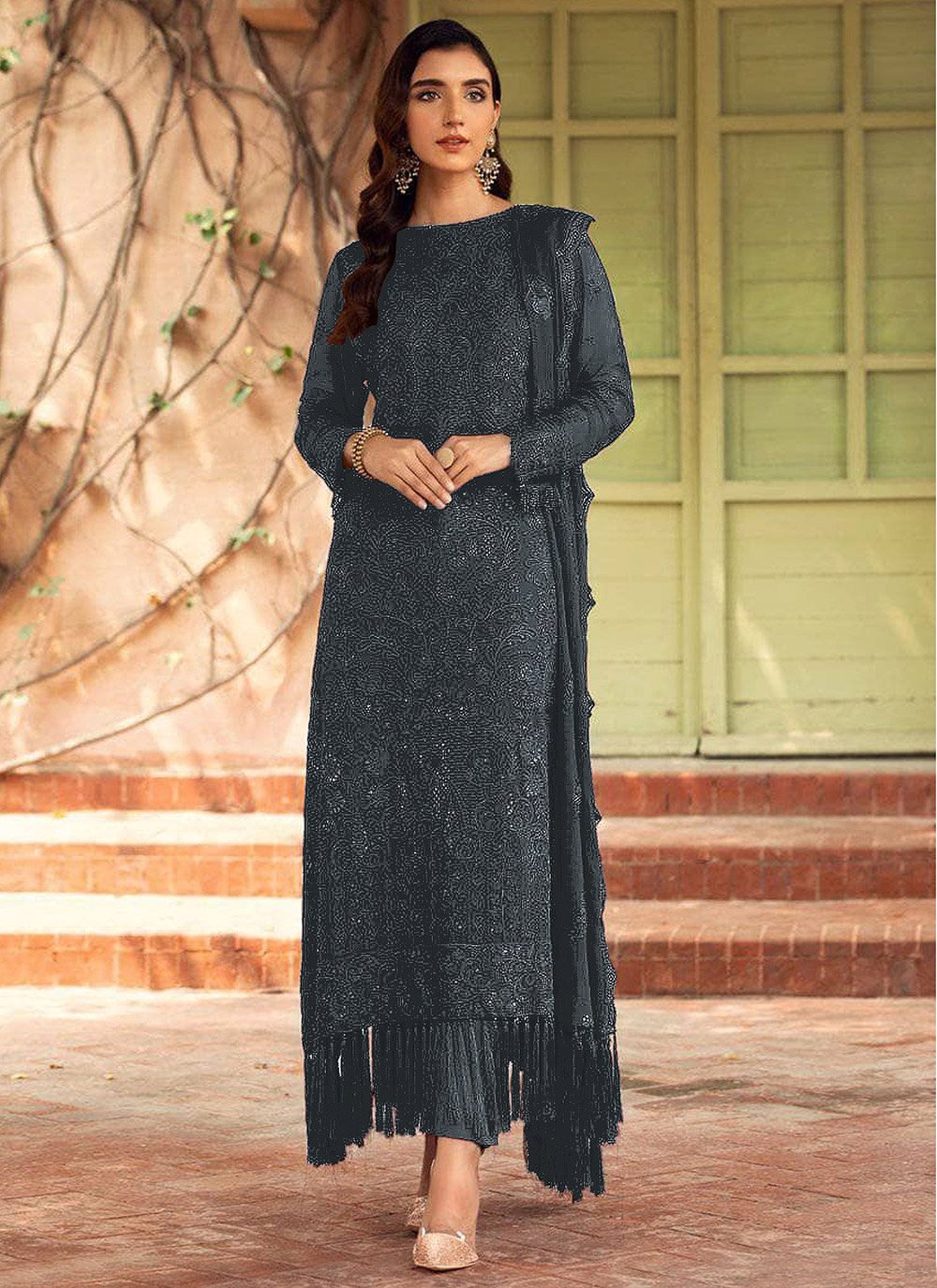 Straight Salwar Suit Faux Georgette Grey Embroidered Salwar Kameez