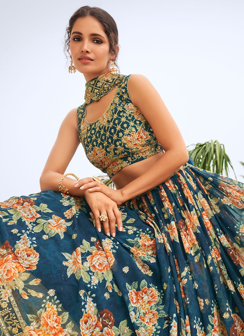 A Line Lehenga Faux Georgette Teal Digital Print Lehenga Choli