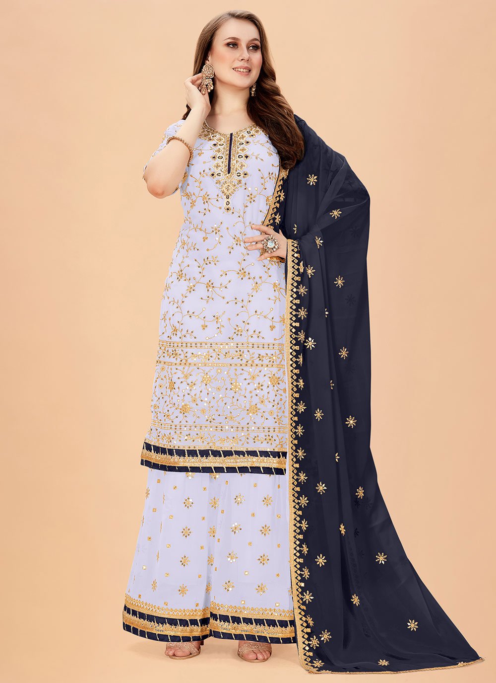 Salwar Suit Faux Georgette Aqua Blue Embroidered Salwar Kameez