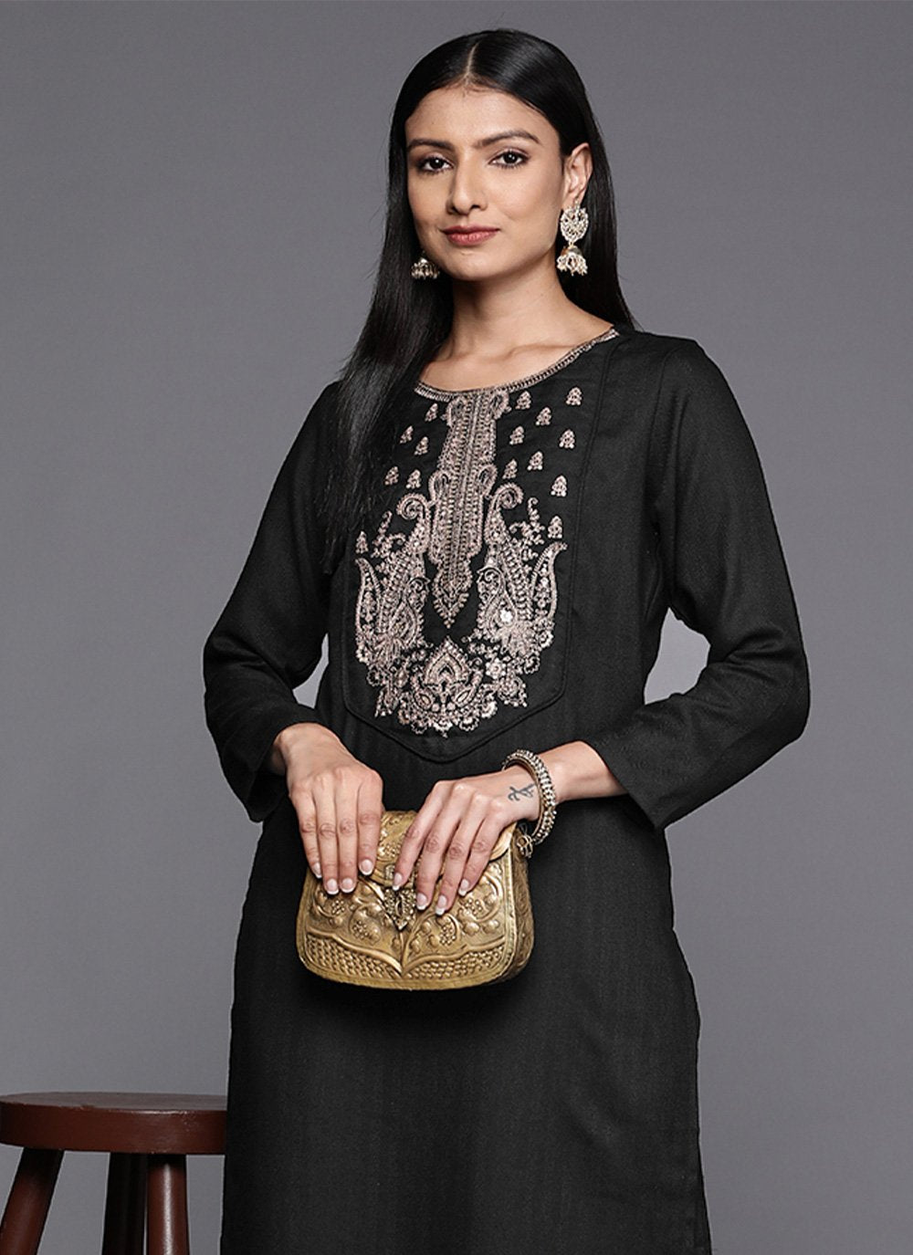 Designer Kurti Faux Georgette Black Embroidered Kurtis