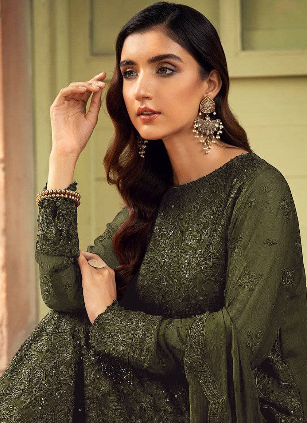 Straight Salwar Suit Faux Georgette Green Embroidered Salwar Kameez